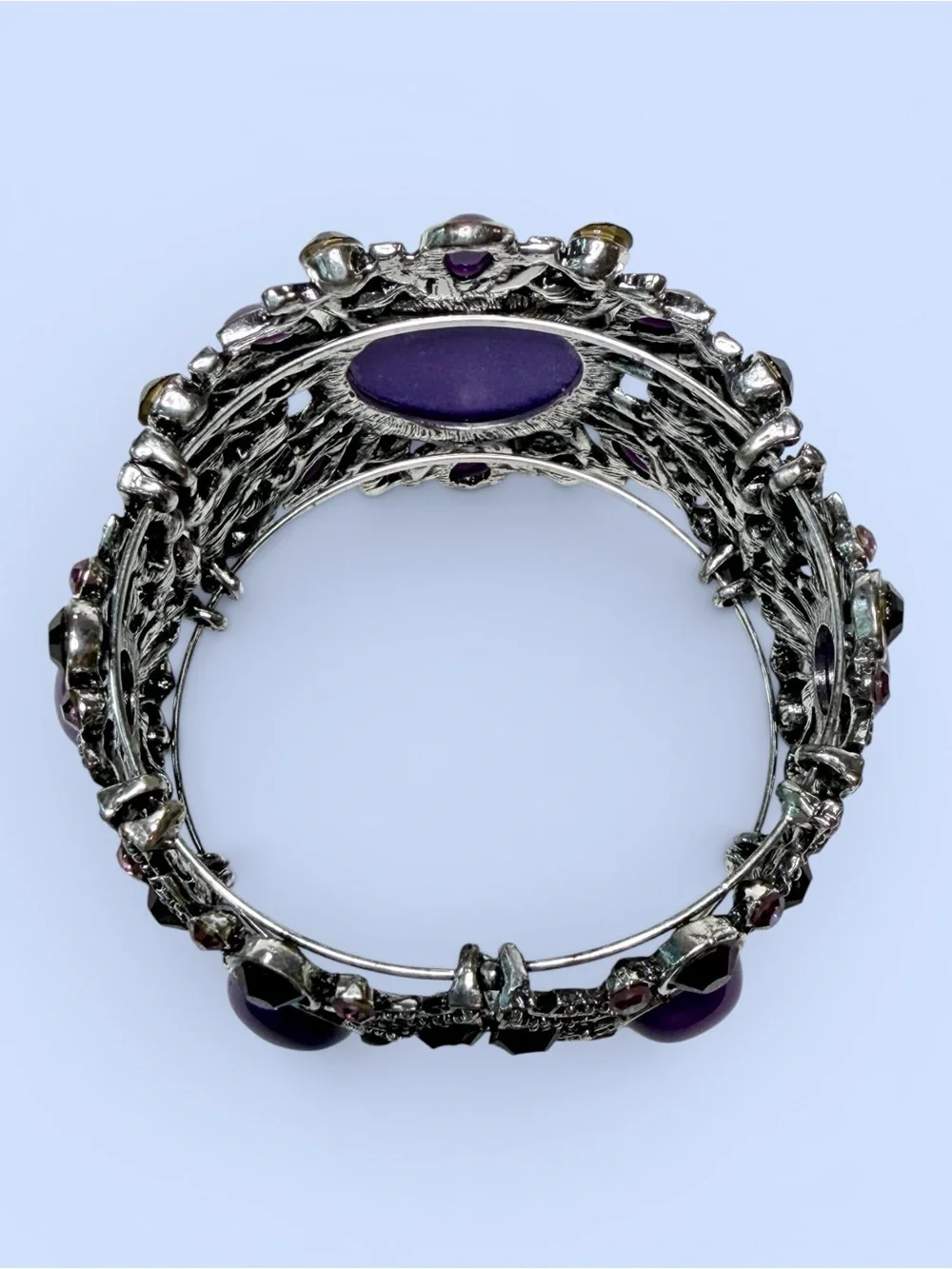 Victorian Revival Purple Cameo‎ Cuff Bracelet Silver Tone Filigree Rhinestones